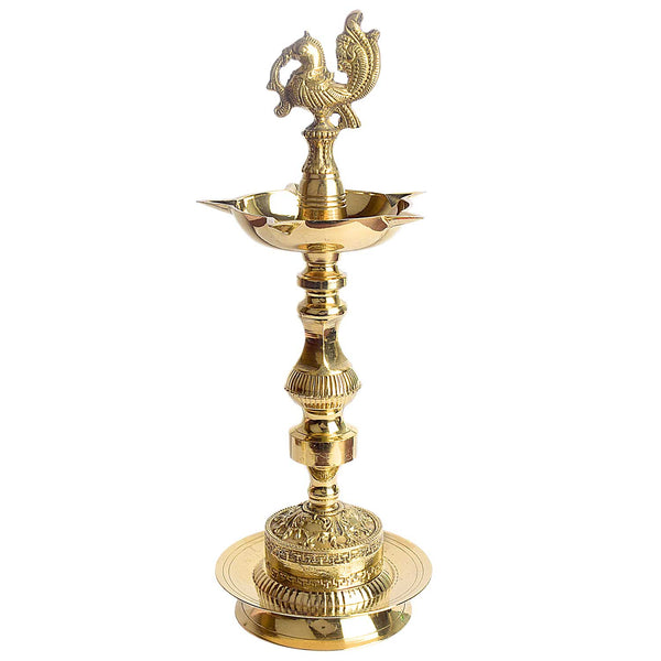 12 Inch Embossed Peacock Kerala Stand 1 Step Diya