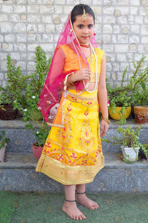Yellow Radha Dress – Satin & Net Lehenga with Embroidery