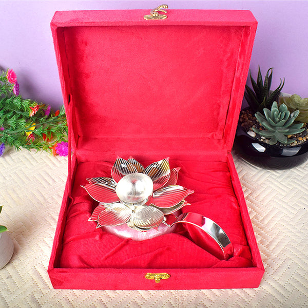 Graceful Silver Lotus Handle Diya with Resin Base