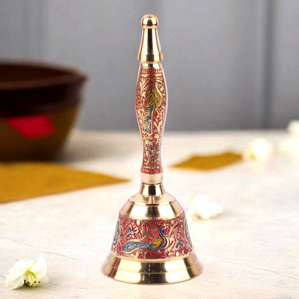 7 Inch Handcrafted Meenakari Brass Puja Bell (Red)