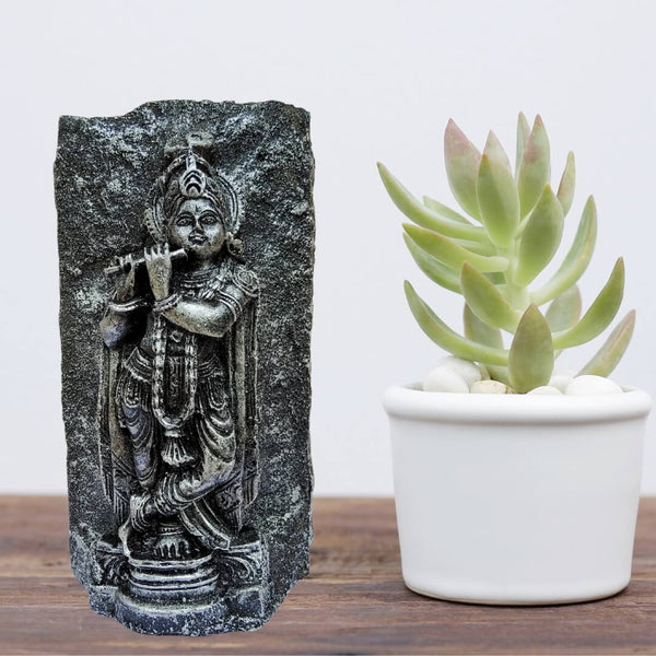 KRISHNA FIBRE STATUE ON ORIGINAL STONE – 15 CM HEIGHT