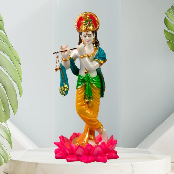 LOTUS KRISHNA IDOL IN MARBLE DUST, POLY RESIN- 29 CM HEIGHT