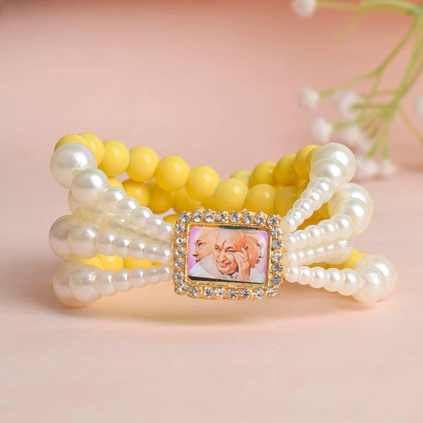 Pale Yellow with White Pearl Four Layer Guruji Swaroop Bracelet