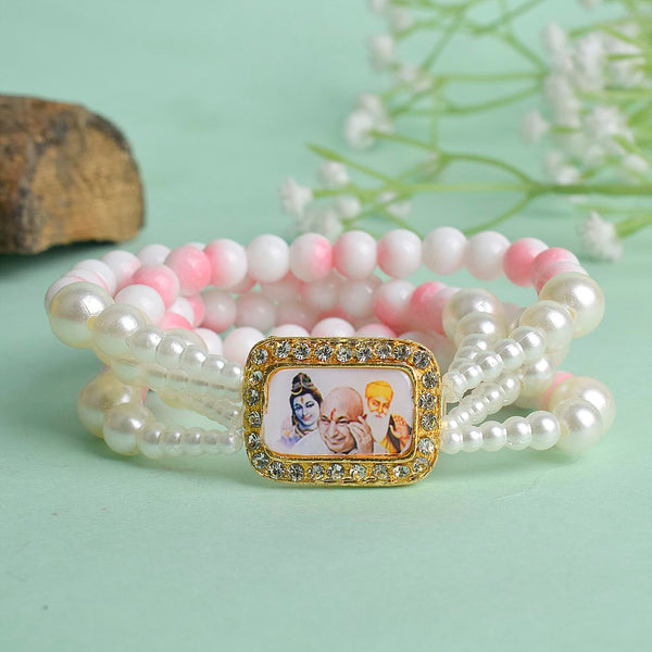 White & Pink Marble with White Pearl Four Layer Guruji Swaroop Bracelet