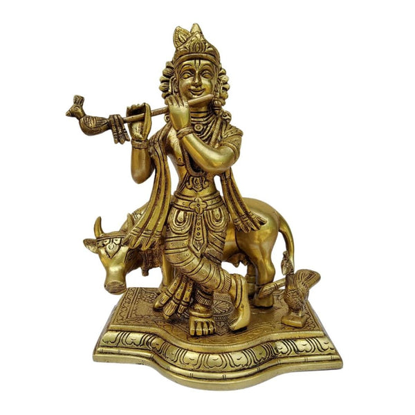 BRASS KRISHNA STATUE WITH COW- 9 INCHES, 3.5 KG