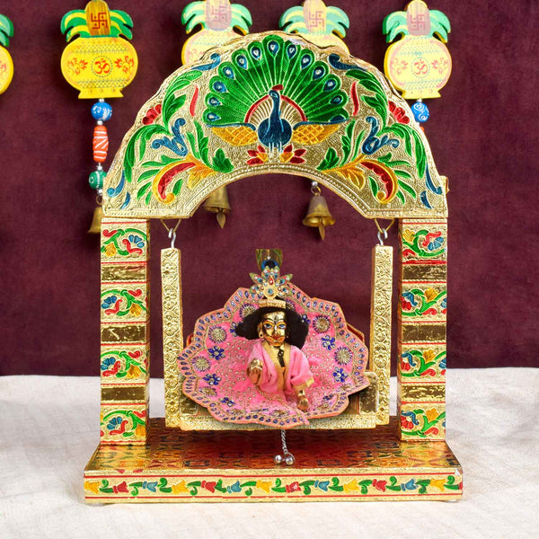 Golden Meenakari Jhula – Arched Crown Peacock Frame for Laddu Gopal