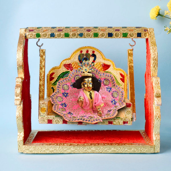 Golden Meenakari Peacock Singhasan Jhula for Laddu Gopal