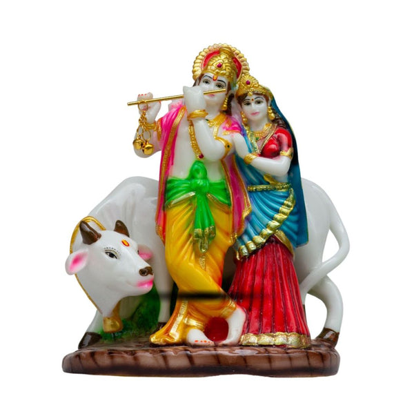RADHA KRISHNA MURTI WITH COW IN MARBLE DUST, POLY RESIN- 21 CM HEIGHT