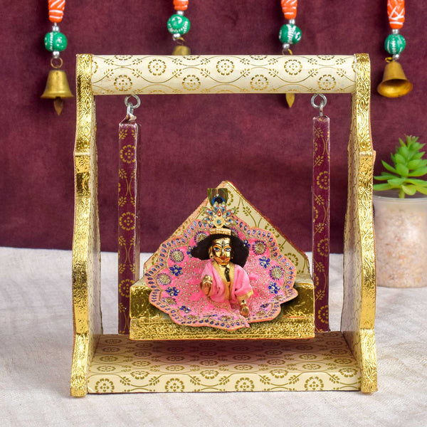 Printed Design Jhula – White & Brown Paper Cradle Swing for Laddu Gopal