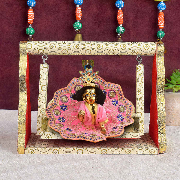 Printed Design Jhula – White & Gold Wooden Swing for Laddu Gopal