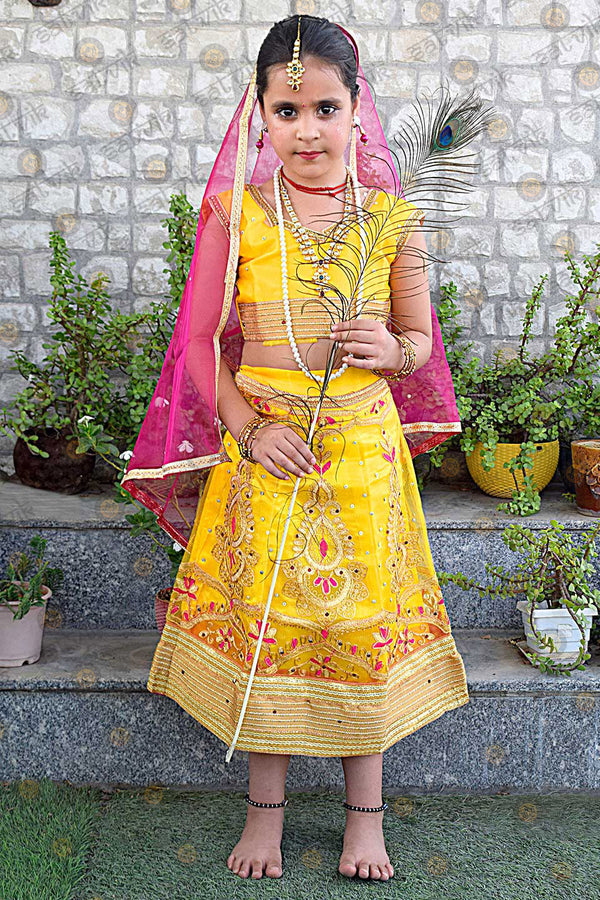 Yellow Radha Dress – Satin & Net Lehenga with Embroidery