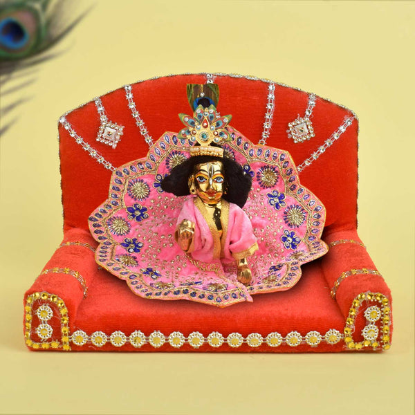 Royal Throne – Red Velvet Laddu Gopal Singhasan with Silver Detailing
