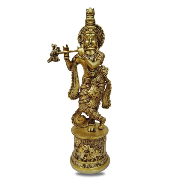 SUPERFINE BRASS LORD KRISHNA STATUE WITH ENGRAVED COW AND CALF DESIGN BASE- 15 INCHES, 3.4 KG