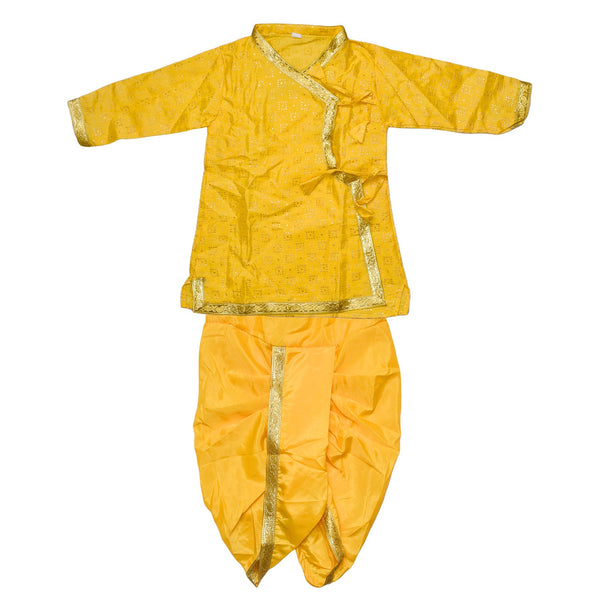 Yellow Krishna Dress – Printed Cotton Linen Blend Outfit with Golden Border